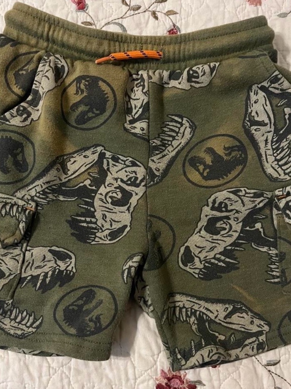 Boys Olive Dino Skull Print Shorts with Drawstring